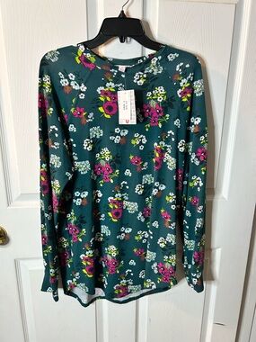 Women’s Floral Long-Sleeve Tee - Green with Pink & White Flowers
